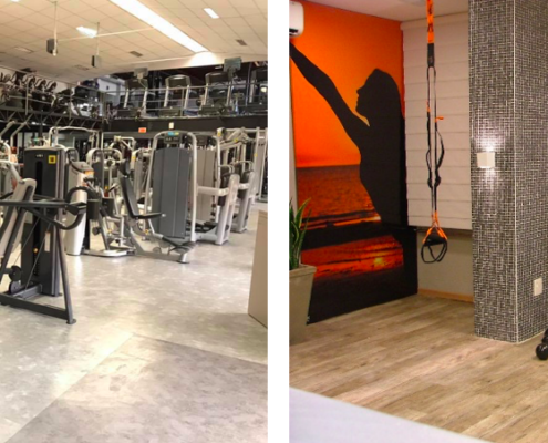 Piso vinílico para academia de ginástica com equipamentos de musculação, oferecendo conforto, resistência e fácil limpeza.